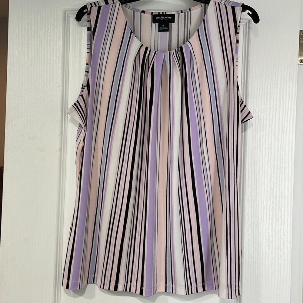 Liz Claiborne Career Pastel Striped Sleeveless Blouse, 
XL
Pink, purple, blue